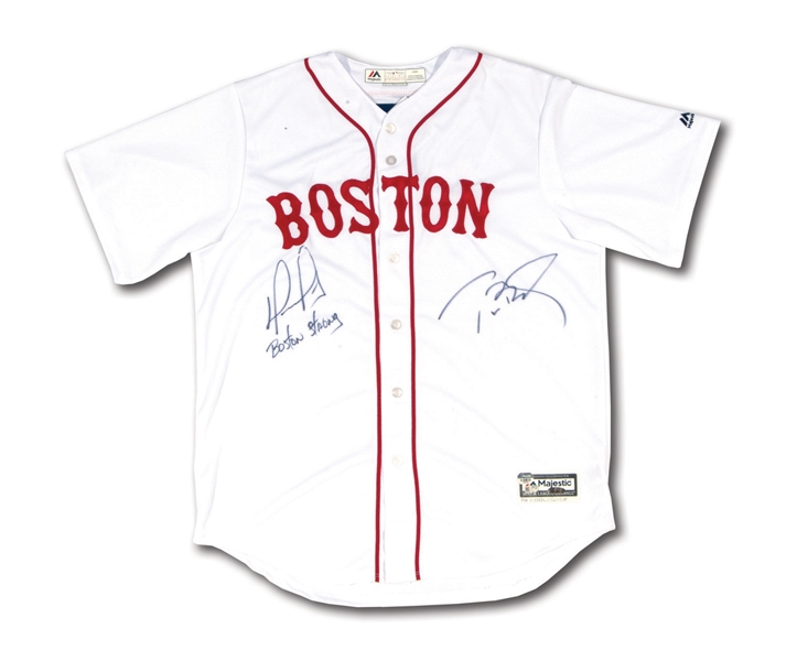 DAVID ORTIZ AND TOM BRADY DUAL-SIGNED BOSTON RED SOX JERSEY WITH "BOSTON STRONG" INSCRIBED BY BIG PAPI – LE 1/24 (TRISTAR, FANATICS & MLB AUTH.)