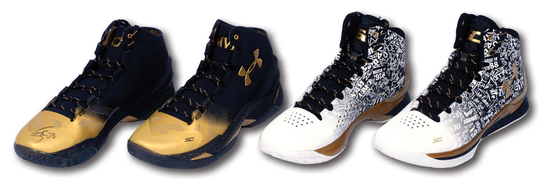 STEPHEN CURRY AUTOGRAPHED SET OF BACK-TO-BACK MVP (2014-25 & 2015-16) UNDER ARMOR SIGNATURE MODEL SHOES - EACH PAIR UNWORN & SIGNED