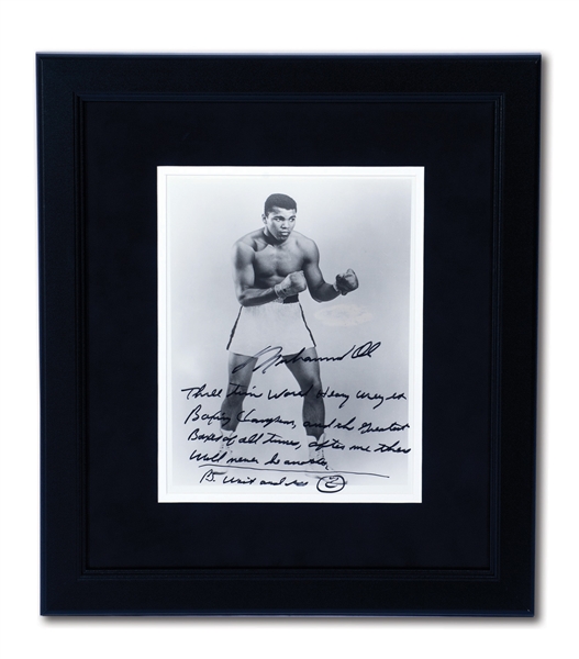 MUHAMMAD ALI SIGNED PHOTO INSCRIBED "3-TIME WORLD HEAVYWEIGHT CHAMPION AND GREATEST OF ALL-TIME, AFTER ME THERE WILL NEVER BE ANOTHER. WAIT AND SEE"