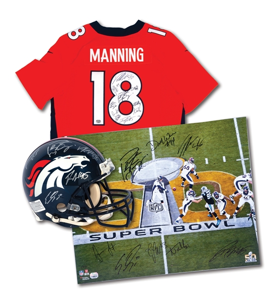 2015 DENVER BRONCOS SUPER BOWL 50 CHAMPION TEAM SIGNED PEYTON MANNING JERSEY, FULL-SIZE HELMET AND PHOTO TRIO – EACH LE 1/50 WITH 10 CORE AUTOS. (FANATICS AUTH.)