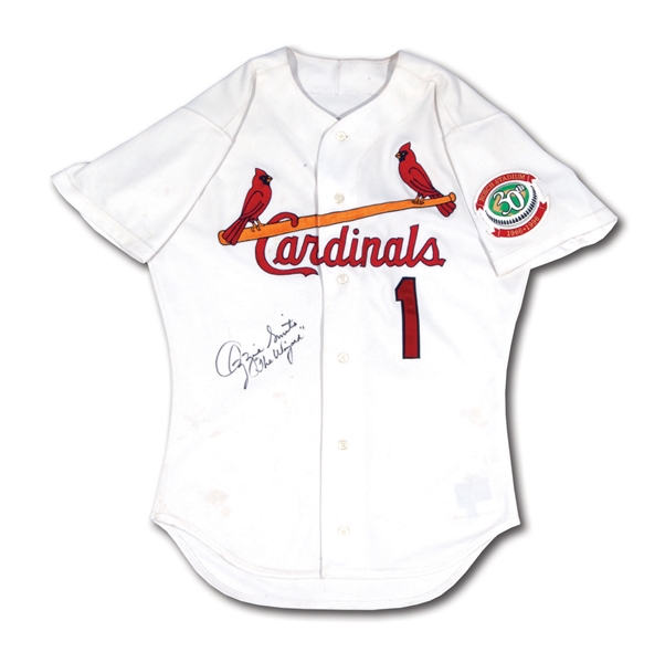 OZZIE SMITHS SIGNED & INSCRIBED 1996 ST. LOUIS CARDINALS (FINAL SEASON) GAME WORN HOME JERSEY (SMITH LOA)