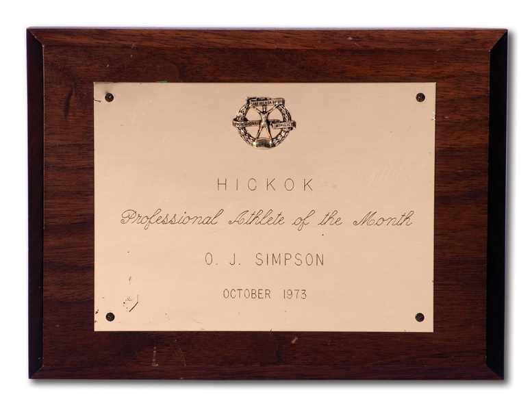O.J. SIMPSONS OCTOBER 1973 HICKOK PROFESSIONAL ATHLETE OF THE MONTH AWARD PLAQUE