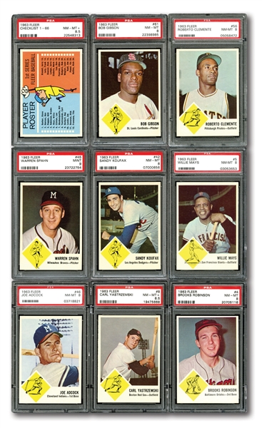 1963 FLEER BASEBALL 100% PSA GRADED COMPLETE SET OF (66) PLUS CHECKLIST – CURRENTLY RANKED #20 ON REGISTRY WITH 8.31 GPA