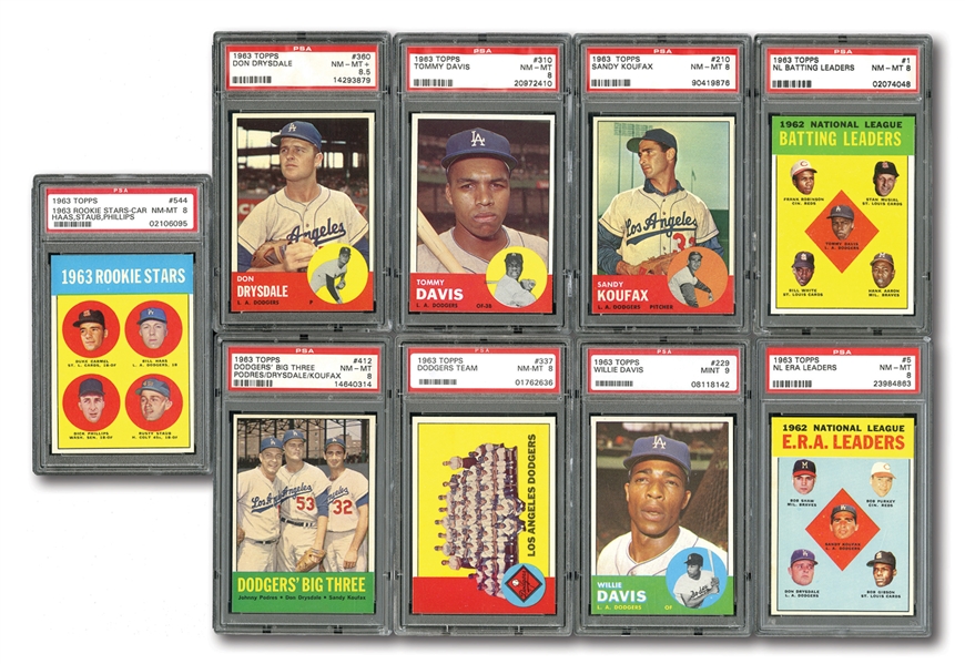 1963 TOPPS LOS ANGELES DODGERS PSA GRADED NEAR SET (33/35) – CURRENTLY RANKED #13 ON REGISTRY WITH 8.11 GPA