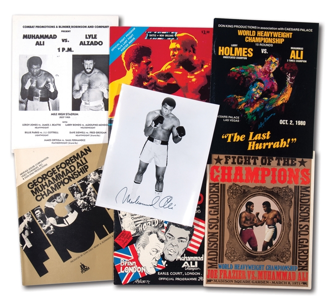 LOT OF (6) MUHAMMAD ALI FIGHT PROGRAMS (1966-1980 INCL. FRAZIER & FOREMAN) PLUS ALI SIGNED 8x10 PHOTO
