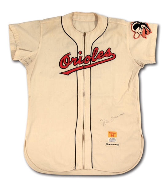 1956 TITO FRANCONA AUTOGRAPHED BALTIMORE ORIOLES GAME WORN HOME JERSEY FROM HIS ROOKIE SEASON