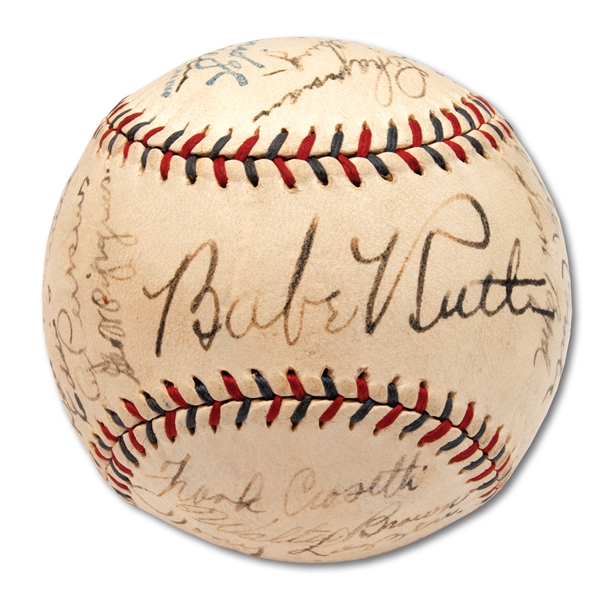 1932 NEW YORK YANKEES WORLD CHAMPIONS TEAM SIGNED (OAL) HARRIDGE BASEBALL WITH ALL 9 HOFERS INCL. RUTH & GEHRIG