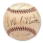 1932 NEW YORK YANKEES WORLD CHAMPIONS TEAM SIGNED (OAL) HARRIDGE BASEBALL WITH ALL 9 HOFERS INCL. RUTH & GEHRIG