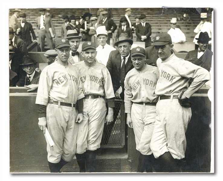 1922 "FORMER MEMBERS OF THE ATHLETICS" PHOTOGRAPH FEAT. YANKEES BUSH, SHAWKEY, SCHANG & BAKER WITH EDDIE PLANK AT SHIBE PARK