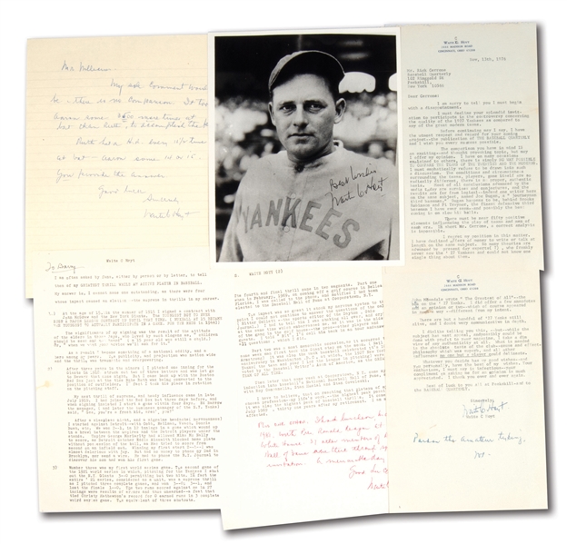 WAITE HOYT CAREER RETROSPECTIVE TRIO OF LETTERS WITH SUPERB CONTENT (RUTH, 1927 YANKEES, CAREER HIGHLIGHTS, ETC.) PLUS SIGNED PHOTO (LOT OF 4)