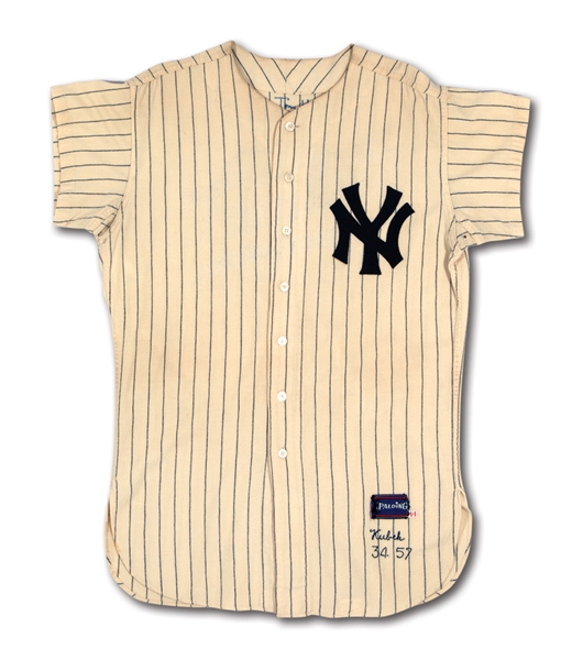 1957-58 TONY KUBEK SIGNED NEW YORK YANKEES (ROOKIE ERA) GAME WORN HOME JERSEY (SGC/GROB LOA, GRADED "VG")