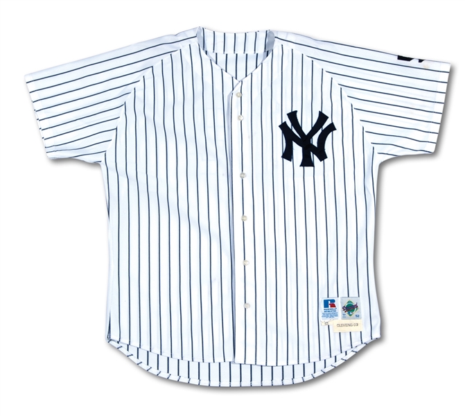 1999 ROGER CLEMENS NEW YORK YANKEES GAME WORN HOME JERSEY WITH DiMAGGIO MEMORIAL SLEEVE PATCH