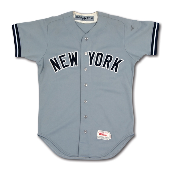 1987 DON MATTINGLY NEW YORK YANKEES GAME WORN ROAD JERSEY (MEARS A10)