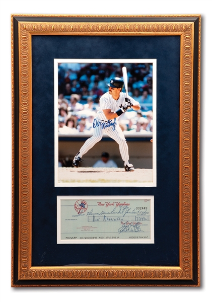 4/15/1984 DON MATTINGLY ENDORSED NEW YORK YANKEES ROOKIE PAYROLL CHECK FRAMED WITH SIGNED PHOTO