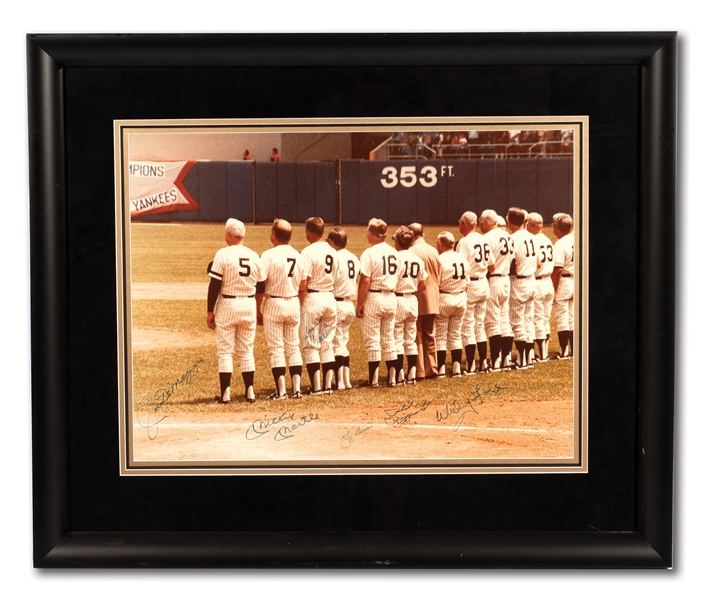 NEW YORK YANKEES OLD TIMERS DAY LARGE FORMAT (18" BY 24") PHOTOGRAPH AUTOGRAPHED BY DiMAGGIO, MANTLE, MARIS, BERRA, RIZZUTO AND FORD