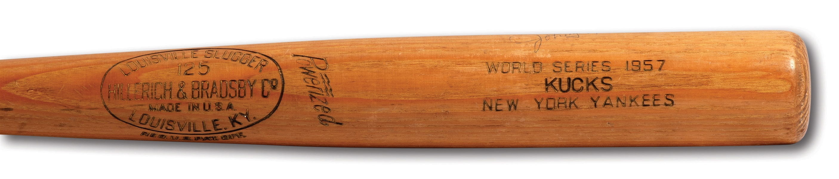 JOHNNY KUCKS AUTOGRAPHED 1957 WORLD SERIES HILLERICH & BRADSBY PROFESSIONAL MODEL GAME ISSUED BAT