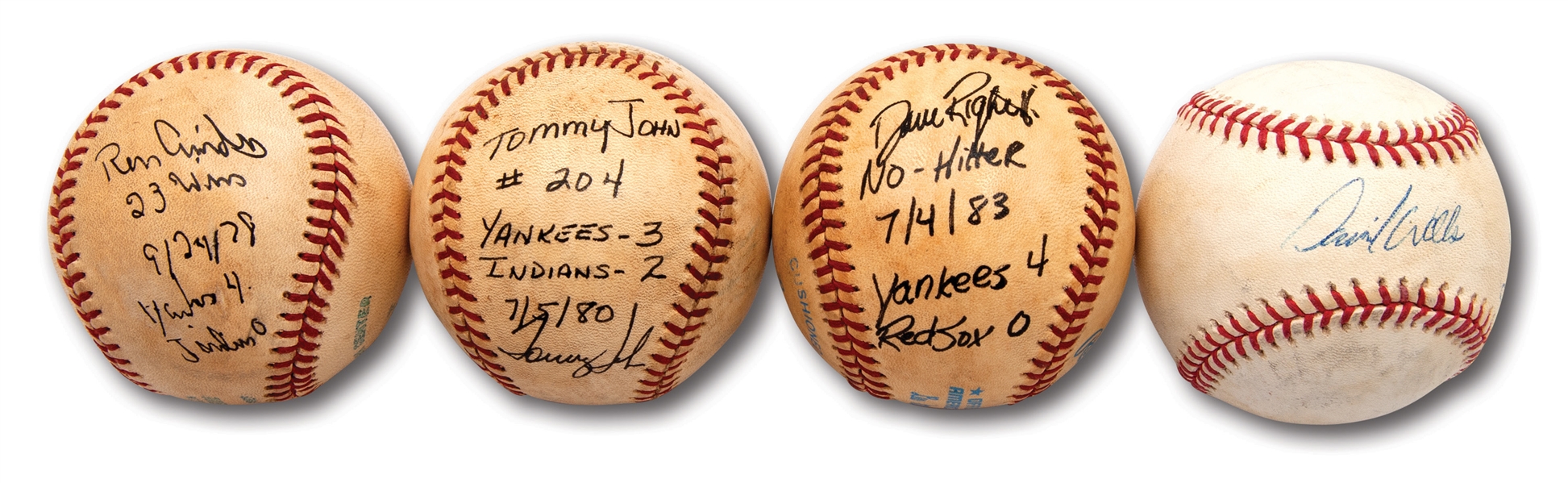 HISTORIC LOT OF (4) AUTOGRAPHED & INSCRIBED GAME USED BALLS FROM SIGNIFICANT YANKEES PITCHING ACHIEVEMENTS INCL. WELLS (PG), RIGHETTI (NH) & GUIDRY (SO)