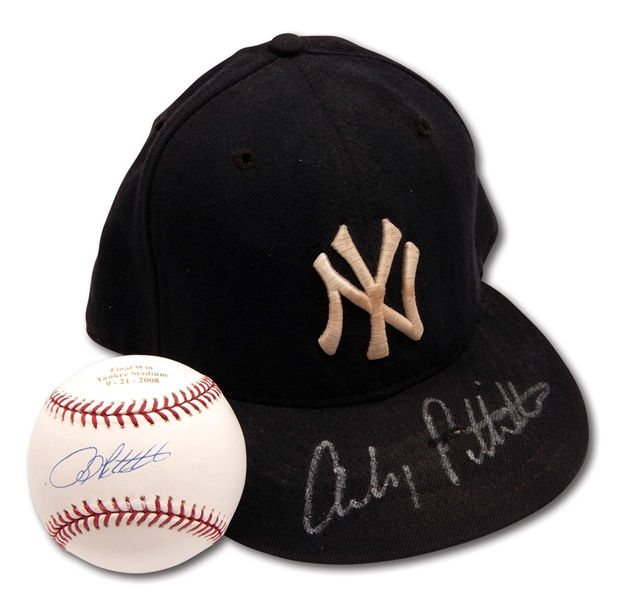 ANDY PETTITTE AUTOGRAPHED 1995-96 NEW YORK YANKEES (ROOKIE ERA) GAME USED CAP AND SINGLE SIGNED BASEBALL COMMEMORATING HIS LAST WIN AT OLD YANKEE STADIUM