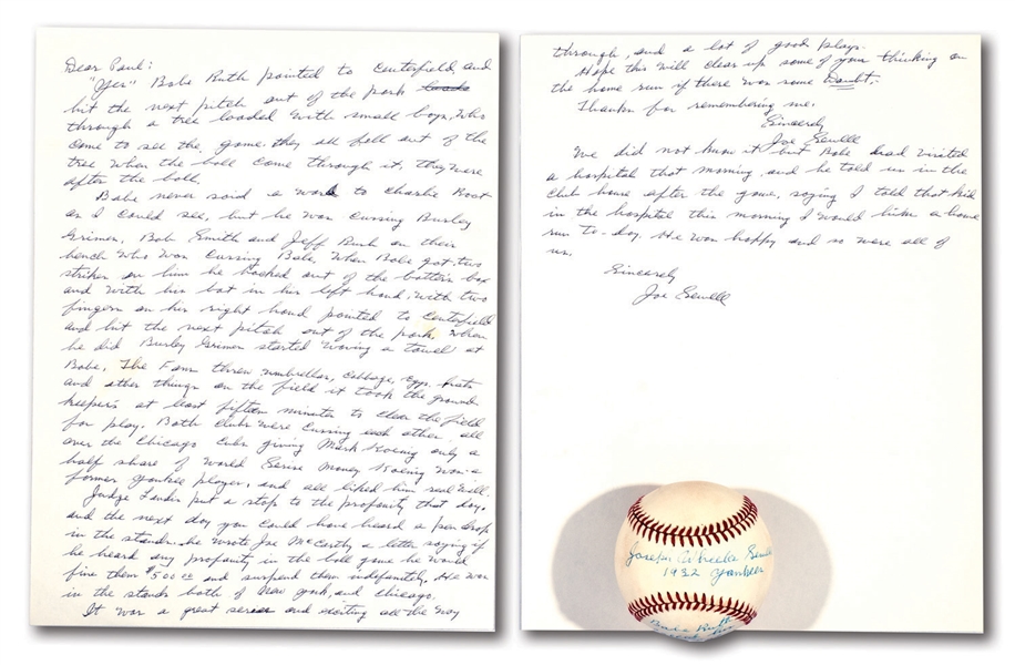 JOE SEWELL SIGNED HANDWRITTEN TWO-PAGE LETTER REGARDING BABE RUTHS CALLED SHOT HOME RUN AND SINGLE SIGNED BASEBALL WITH CALLED SHOT NOTATION