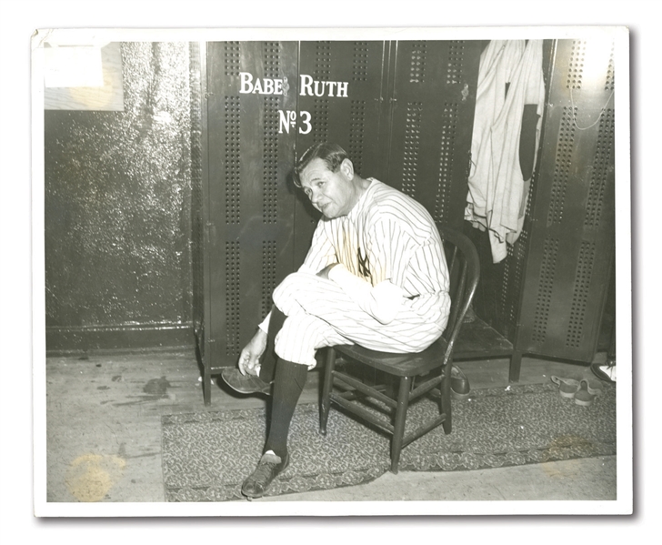 JUNE 13, 1948 BABE RUTH DAY ORIGINAL PHOTO – RUTH REMOVES HIS YANKEE PINSTRIPES FOR THE LAST TIME ON DAY YANKEES RETIRE HIS #3 (FROM RUTH’S PERSONAL PHOTO ALBUM)