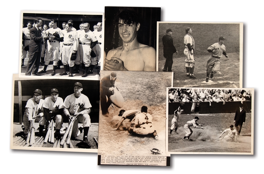 LOT OF (6) 1930S-40S LOU GEHRIG AND JOE DIMAGGIO RELATED NEWS SERVICE PHOTOGRAPHS