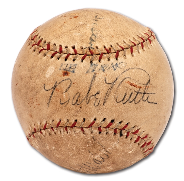 C. 1928-31 BABE RUTH AUTOGRAPHED BARNSTORMING BASEBALL ALSO SIGNED BY CHRISTY WALSH AND WILL ROGERS