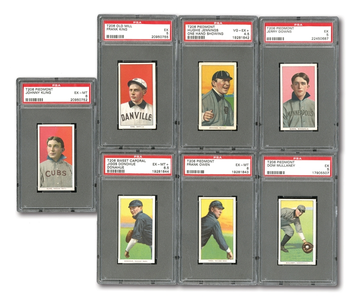 1909-11 T206 PSA GRADED LOT OF (7) INCL. HUGHIE JENNINGS (VG-EX+ 4.5) AND SIX OTHERS (ALL EX 5 TO EX-MT+ 6.5)