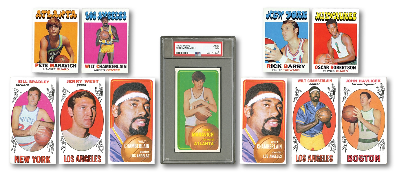 TOPPS BASKETBALL LOT OF 1969-70 PARTIAL SET (78/99), 1970-71 NEAR SET (165/175) AND 1971-72 NEAR SET (224/233) INCL. 70 MARAVICH RC PSA NM 7 & SEVERAL DUPES