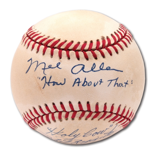 YANKEES BROADCASTERS MEL ALLEN AND PHIL RIZZUTO DUAL-SIGNED BASEBALL WITH CATCHPHRASE NOTATIONS (PINSTRIPE DYNASTY COLLECTION)