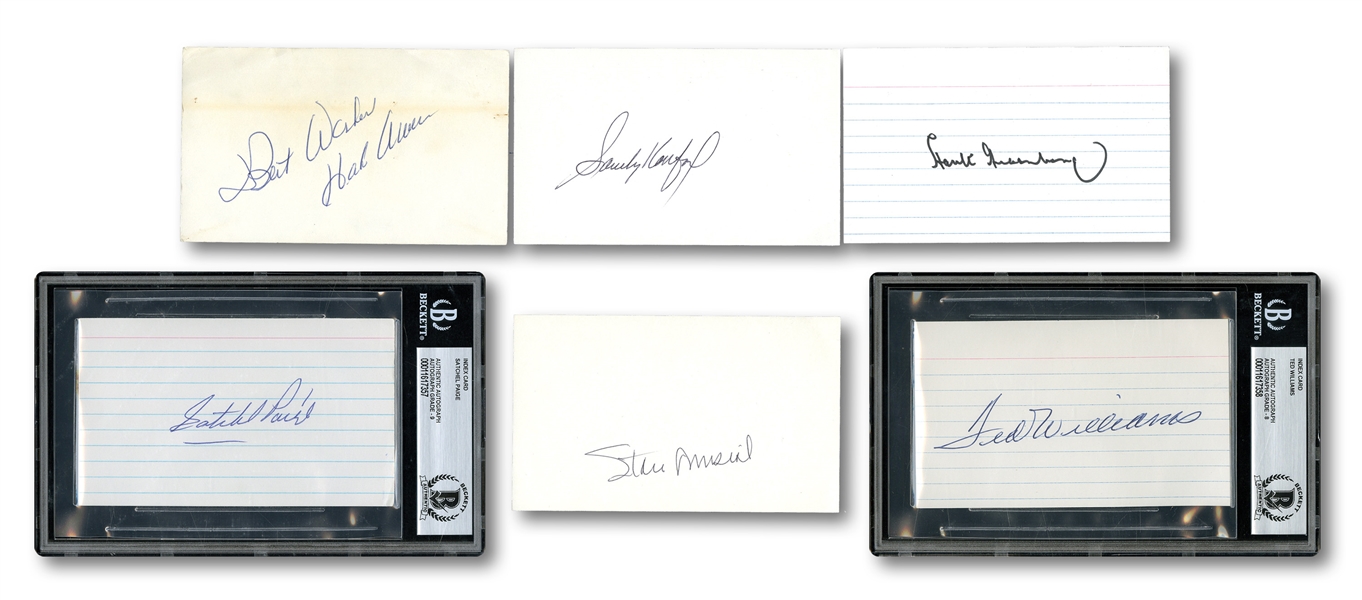 HALL OF FAMER LOT OF (55) SINGLE SIGNED INDEX CARDS WITH BECKETT GRADED PAIGE (MINT 9) & TED WILLIAMS (NM-MT 8)