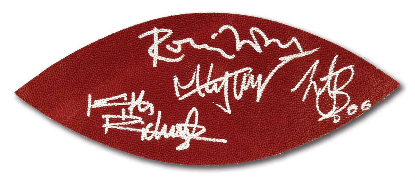 2006 SUPER BOWL XL LEATHER FOOTBALL PANEL SIGNED BY EACH MEMBER OF "THE ROLLING STONES" (NFL & PSA/DNA COA)