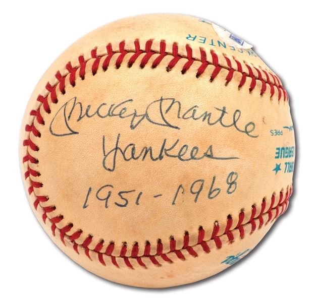 MICKEY MANTLE SINGLE SIGNED OAL (BROWN) BASEBALL INSCRIBED "YANKEES 1951-1968"