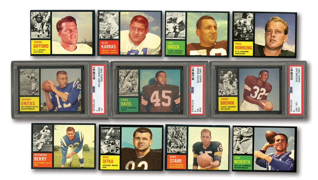 1962 TOPPS FOOTBALL COMPLETE SET OF (176) WITH PSA GRADED UNITAS (NM 7), JIM BROWN (EX-MT 6) AND E.DAVIS (EX 5)