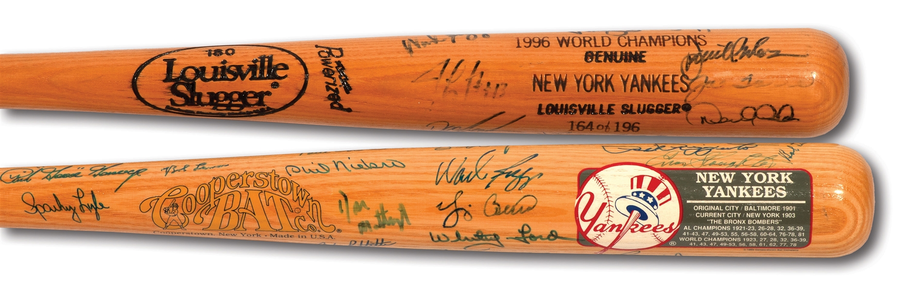 NEW YORK YANKEES PAIR OF MULTI-SIGNED BATS INCL. 1996 TEAM AND ALL-TIME GREATS (PINSTRIPE DYNASTY COLLECTION)