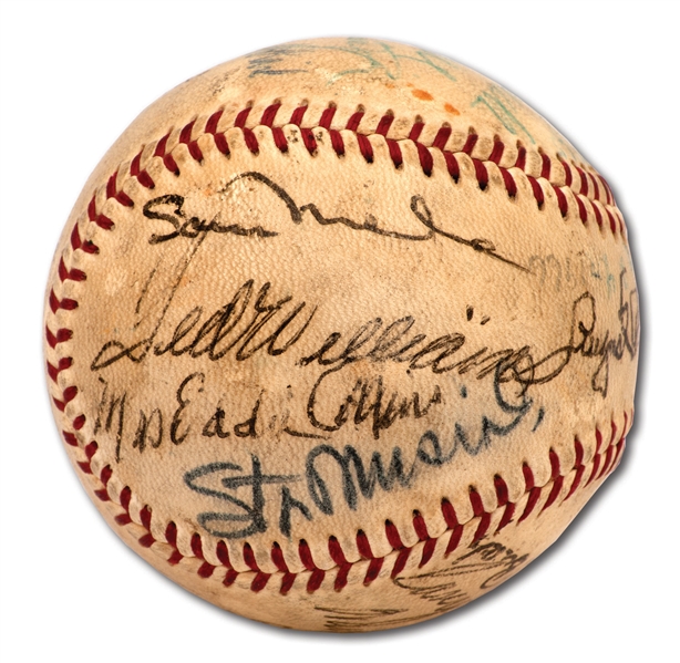 1966 HALL OF FAME INDUCTION MULTI-SIGNED BASEBALL FEAT. INDUCTEES TED WILLIAMS AND CASEY STENGEL PLUS ADDITIONAL SCARCE SIGNATURES INCL. WILLIAM ECKERT AND MRS. CHRISTY MATHEWSON