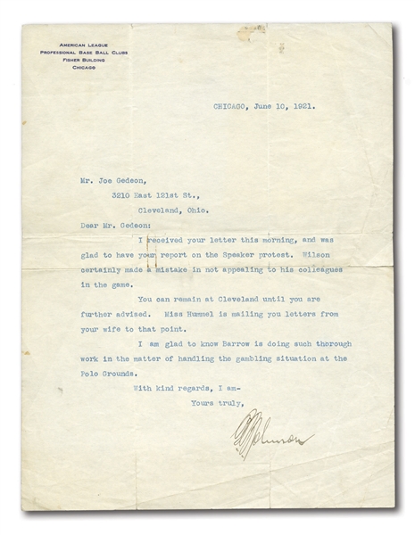 1921 BAN JOHNSON SIGNED LETTER REFERENCING TRIS SPEAKER AND "GAMBLING SITUATION AT THE POLO GROUNDS"