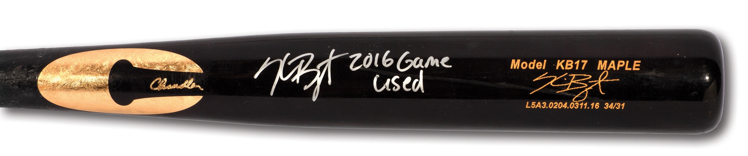 2016 KRIS BRYANT SIGNED & INSCRIBED CHANDLER GAME USED BAT FROM MVP & CHAMPIONSHIP SEASON (PSA/DNA GU 8, FANATICS, MLB AUTH.)