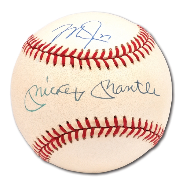 MICKEY MANTLE AND MIKE TROUT DUAL-SIGNED OAL (BROWN) BASEBALL (MLB AUTH.)