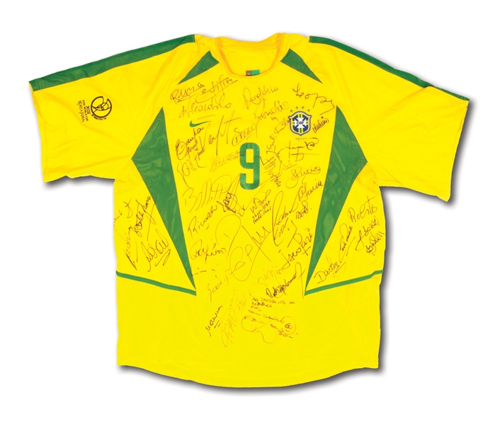 2002 RONALDO FIFA WORLD CUP MATCH WORN & TEAM SIGNED BRAZIL (CBF) JERSEY INSCRIBED TO BRAZILS 34TH PRESIDENT FERNANDO HENRIQUE CARDOSO (TEAM COORDINATOR LOA)