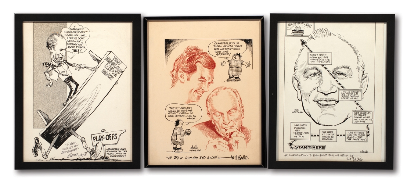 RED HOLZMANS LOT OF (3) 1970S BILL GALLO ORIGINAL 11" BY 14" CARTOON ARTWORK WITH PERSONAL INSCRIPTIONS (HOLZMAN COLLECTION)