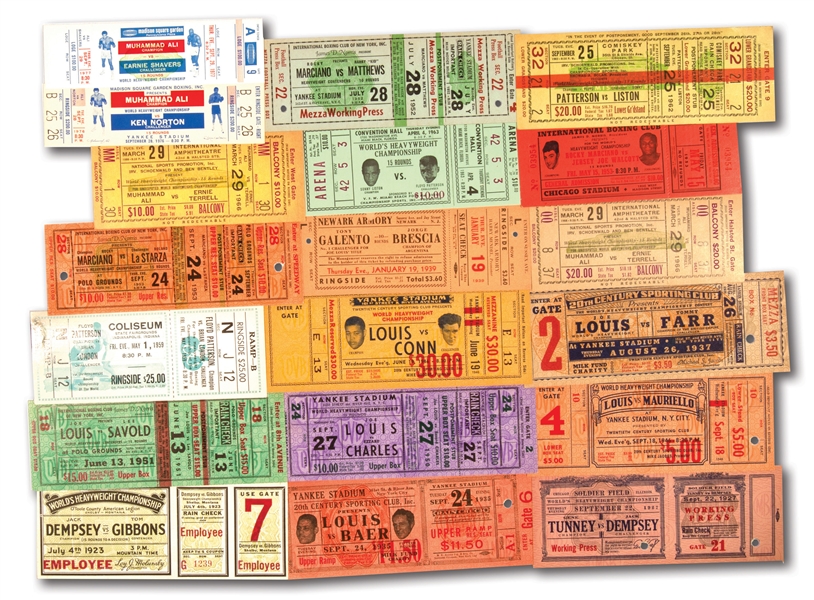 1920S-1970S BOXING COLLECTION OF (18) HISTORIC FIGHT TICKETS FEAT. LEGENDS JOE LOUIS, JACK DEMPSEY, MARCIANO, PATTERSON, ALI, ETC.