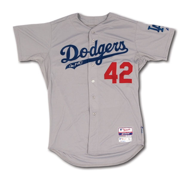 2014 DON MATTINGLY SIGNED LOS ANGELES DODGERS "JACKIE ROBINSON DAY" #42 GAME WORN ROAD JERSEY (MLB AUTH.)