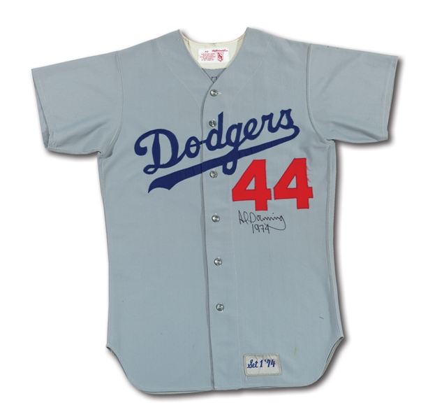1974 AL DOWNING AUTOGRAPHED LOS ANGELES DODGERS GAME WORN ROAD JERSEY FROM YEAR HE GAVE UP HANK AARONS RECORD HR #715 (DELBERT MICKEL COLLECTION)
