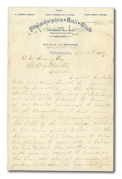 1889 HARRY WRIGHT HANDWRITTEN & SIGNED 2-PAGE LETTER REQUESTING SPRING PRACTICE IN ST. AUGUSTINE - PHILLIES 1ST TO HAVE "SPRING TRAINING" IN FLORIDA