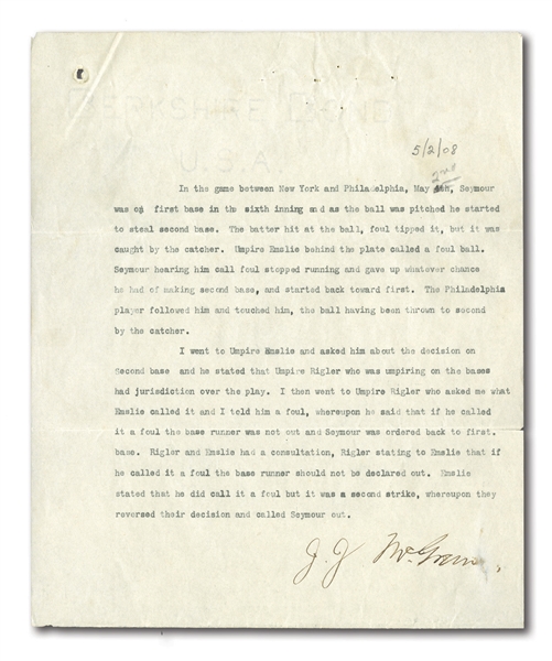 1908 JOHN McGRAW TYPED SIGNED LETTER REGARDING CALL DISPUTE BETWEEN UMPIRES CY RIGLER & BOB EMSLIE FROM 5/2/08 GAME