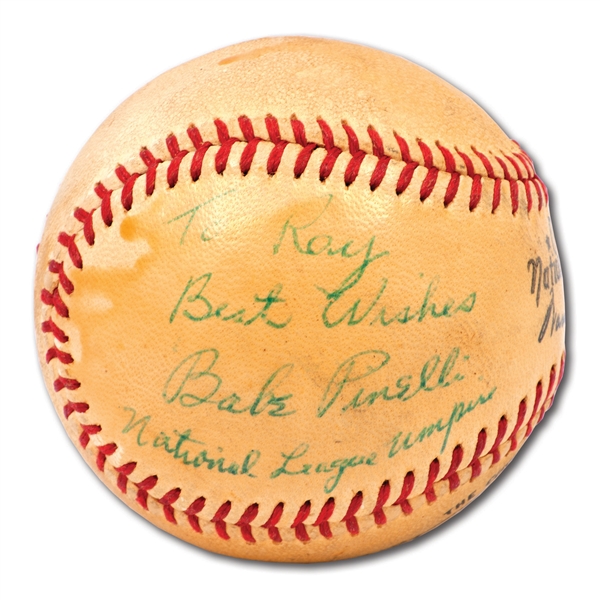 UMPIRE BABE PINELLI SINGLE SIGNED ONL (GILES) BASEBALL INSCRIBED "DON LARSEN PERFECT GAME 1956 WORLD SERIES"