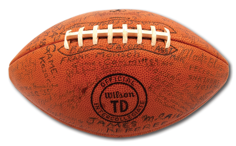 DEC. 27, 1958 EAST-WEST SHRINE GAME BALL NOTATED AND SIGNED BY 70+ COLLEGE ALL-STARS, COACHES & LEGENDS INCL. BRONKO NAGURSKI AND 2 OF "THE FOUR HORSEMEN"