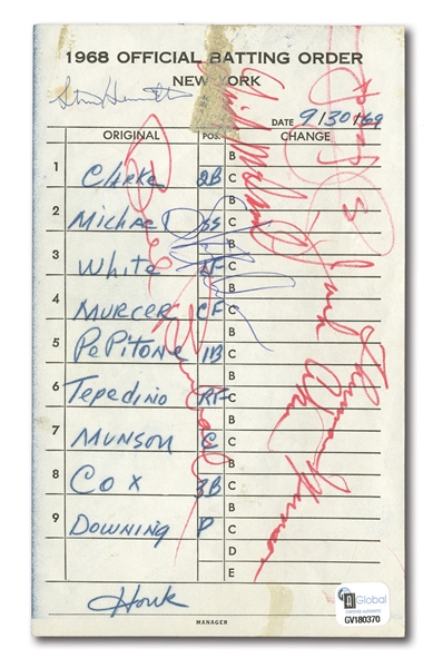 9/30/1969 NEW YORK YANKEES (VS. INDIANS) LINEUP CARD SIGNED BY (17) INCL. ROOKIE THURMAN MUNSON