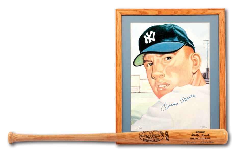 MICKEY MANTLE AUTOGRAPHED LOUISVILLE SLUGGER BAT AND SIGNED 1953 TOPPS GERRY DVORAK LITHOGRAPH