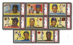 1955 TOPPS LOT OF (8) PSA GRADED HALL OF FAMERS INCL. #47 AARON (NM 7) AND #194 MAYS (EX-MT 6)